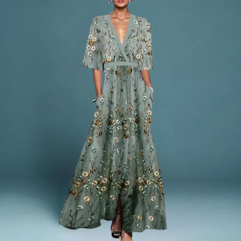 Elegant Floral V Neck Maxi Dress | Women’s