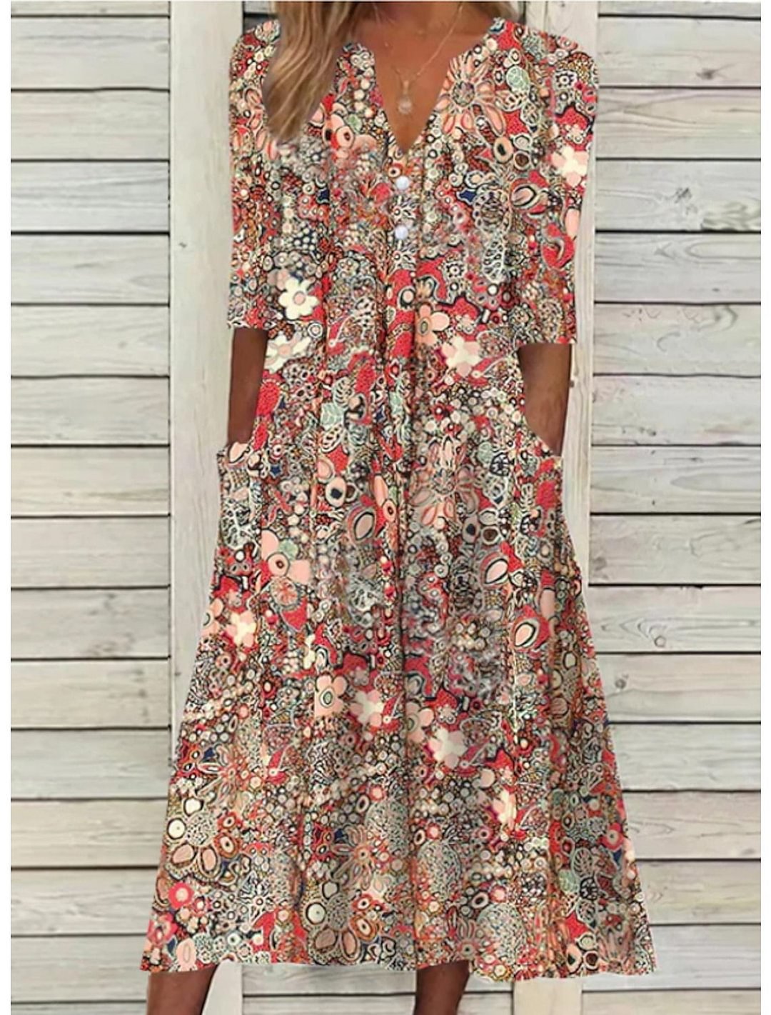 Women's Elegant Summer Midi Dress | Printed V-Neck