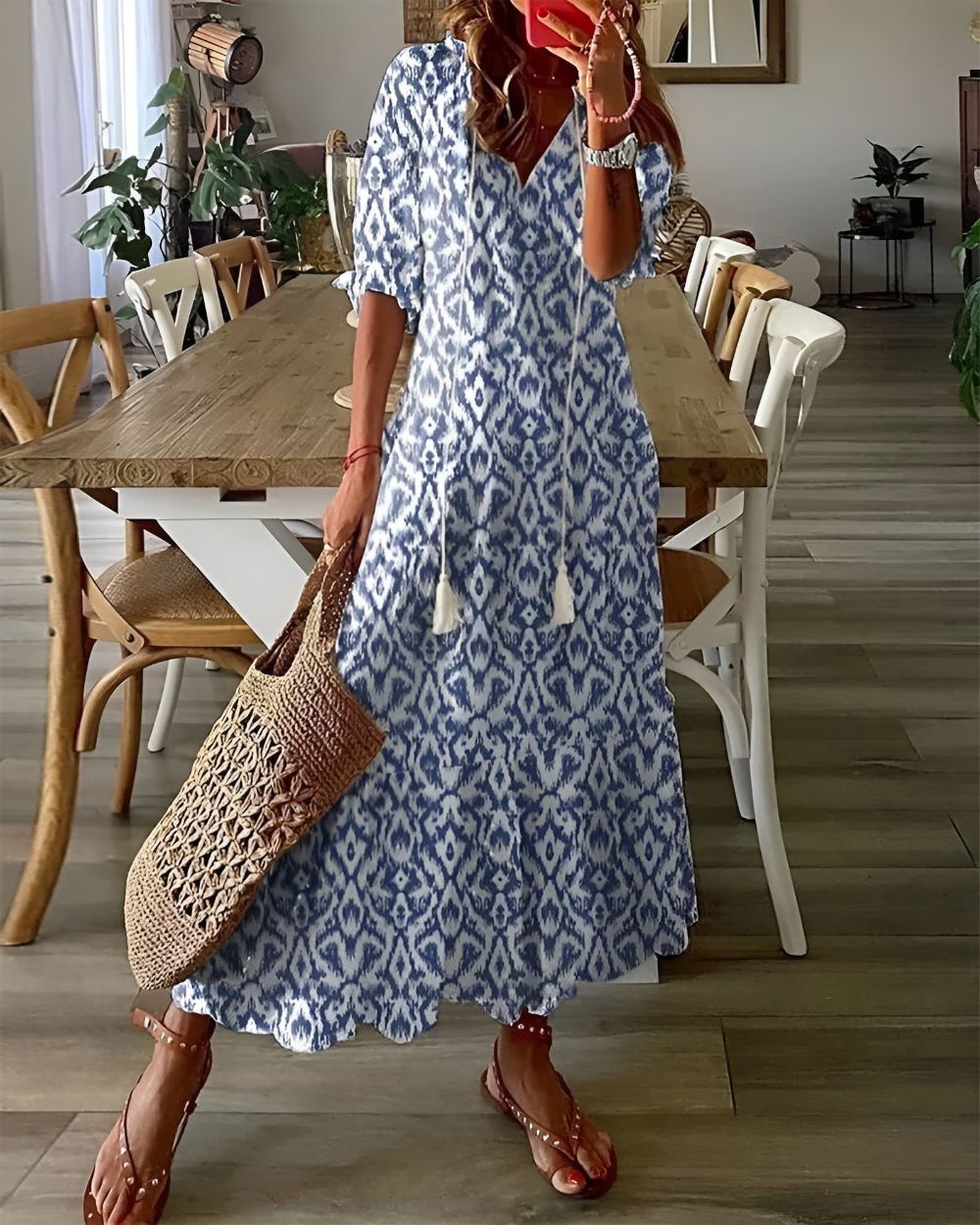 Boho Maxi Dress Women’s | V Neck Tassel