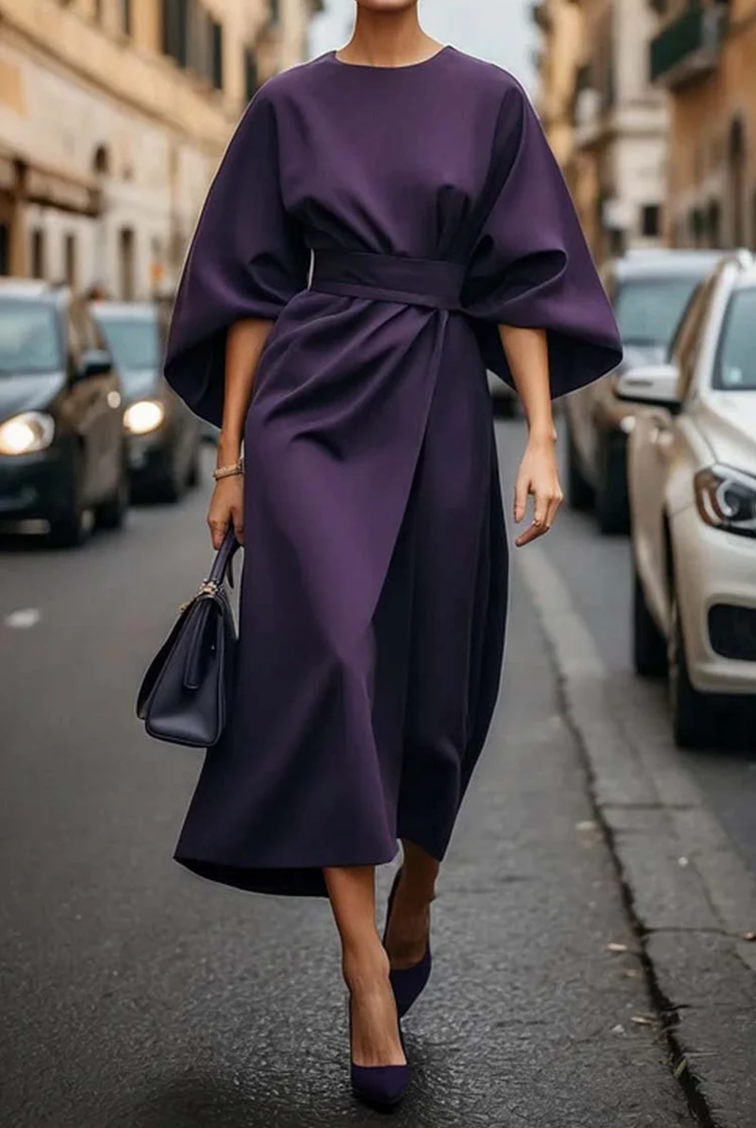 Women's Elegant Lantern Sleeves Midi Dress