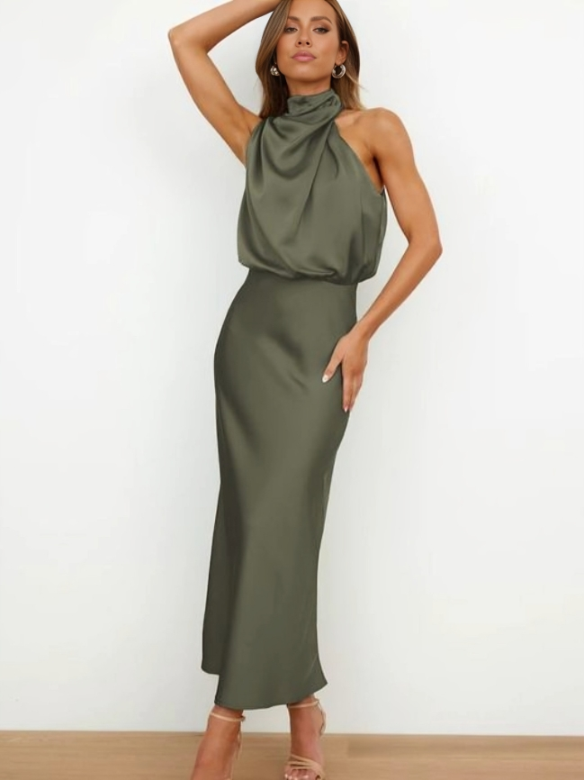 Women’s Elegant Halter Neck Satin Midi Dress