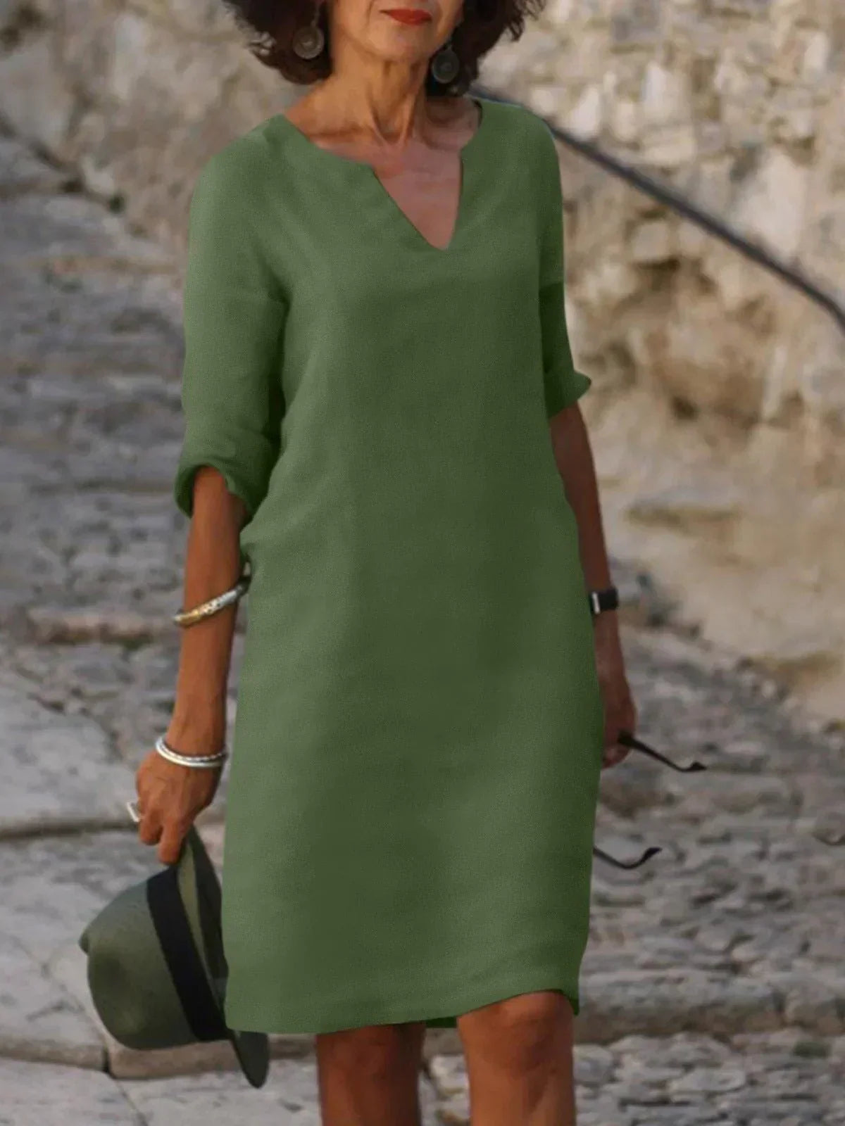 Women's Elegant V-Neck 3/4 Sleeve Dress