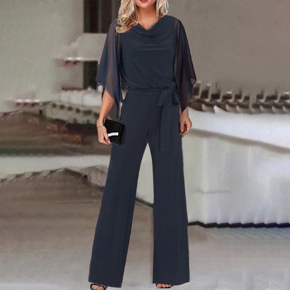 Women's Elegant Jumpsuit | Draped Cape Sleeves Wide Leg Front