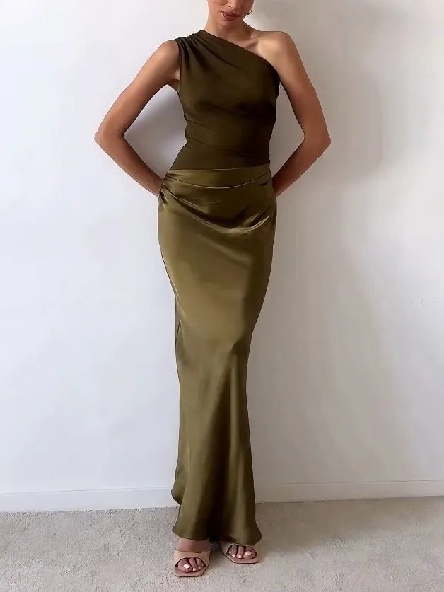 Elegant Pleated Party Maxi Dress | One Shoulder