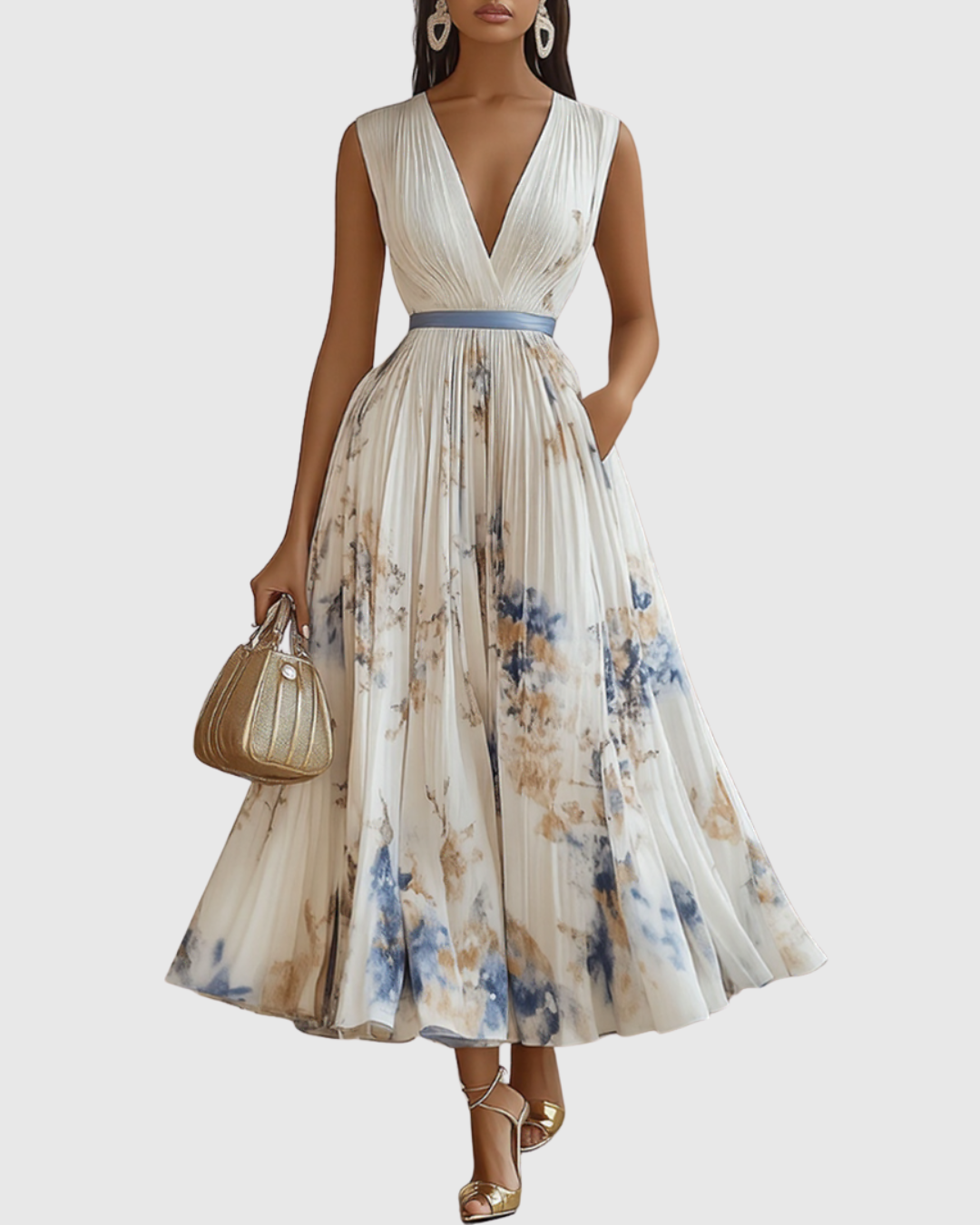 Women’s Elegant Pleated Maxi Dress | V-Neck