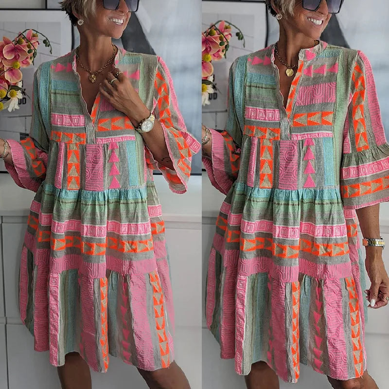 Elegant Spring Boho Mini Dress | 3/4 Sleeve