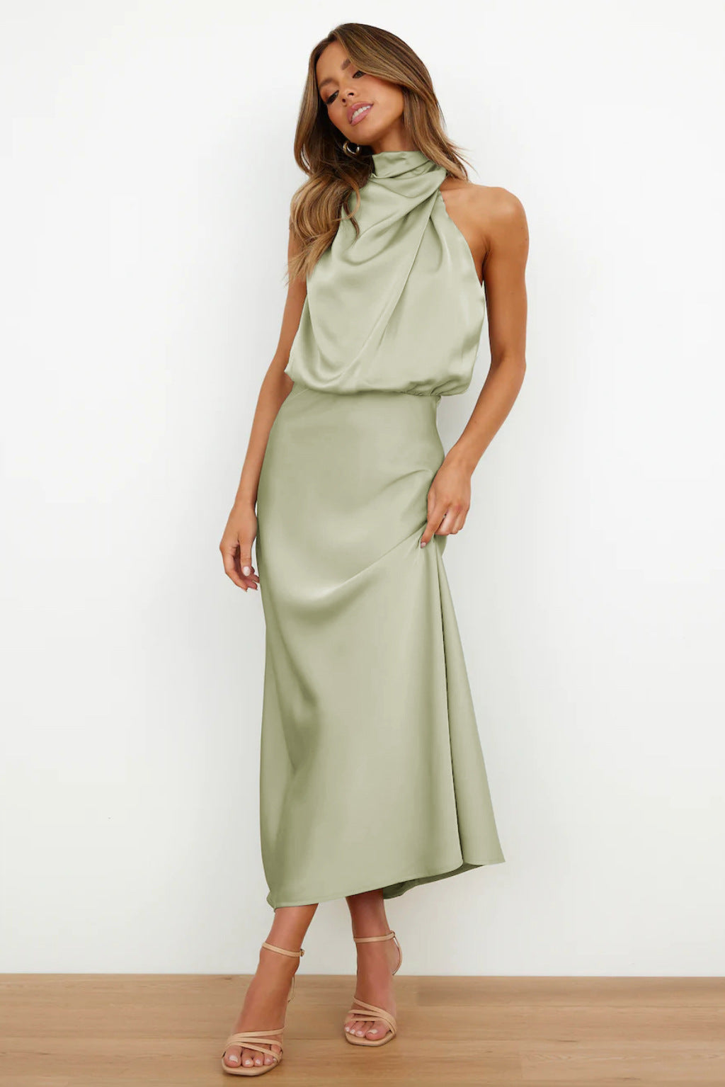 Women’s Elegant Halter Neck Satin Midi Dress