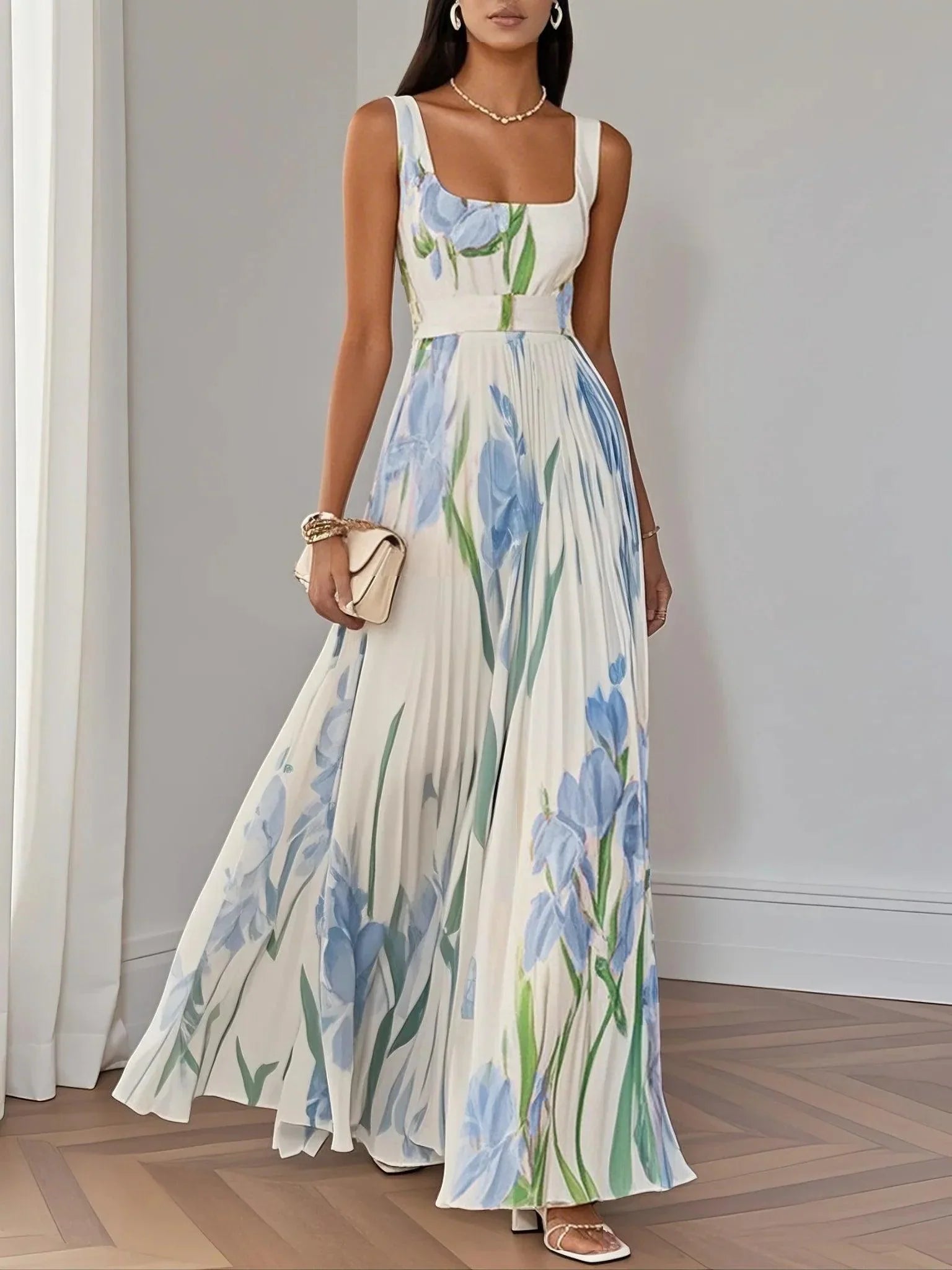 Women's Pleated Floral Maxi Dress | Square Neck