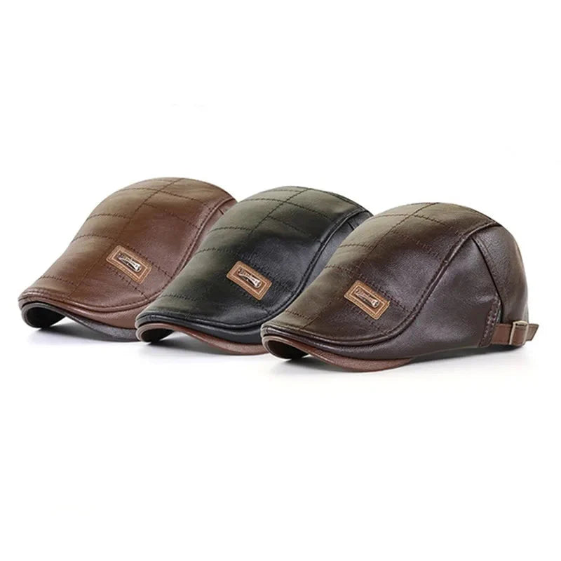 Leather Flat Cap Adjustable Beret