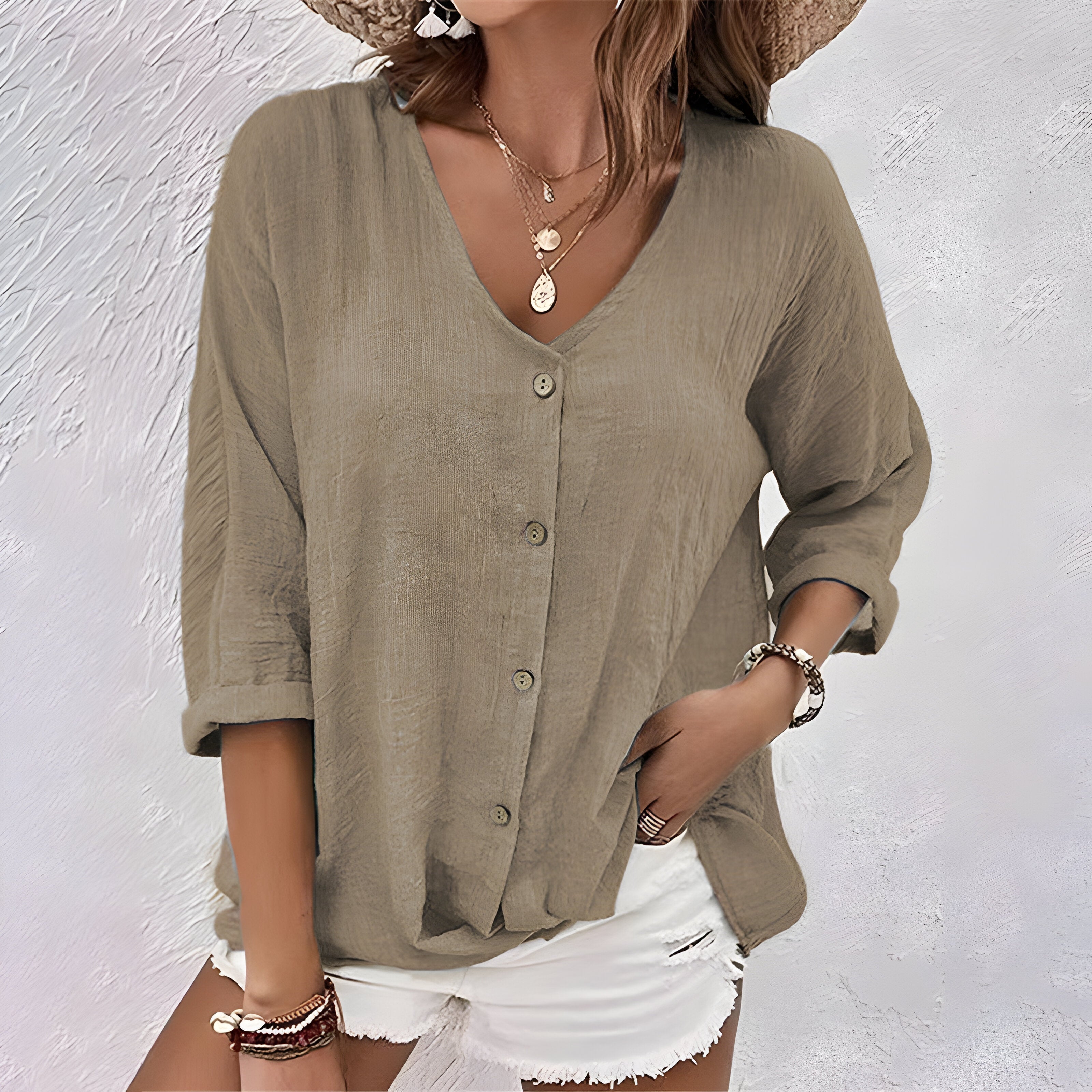 Women’s V Neck Relaxed Button-Up Blouse