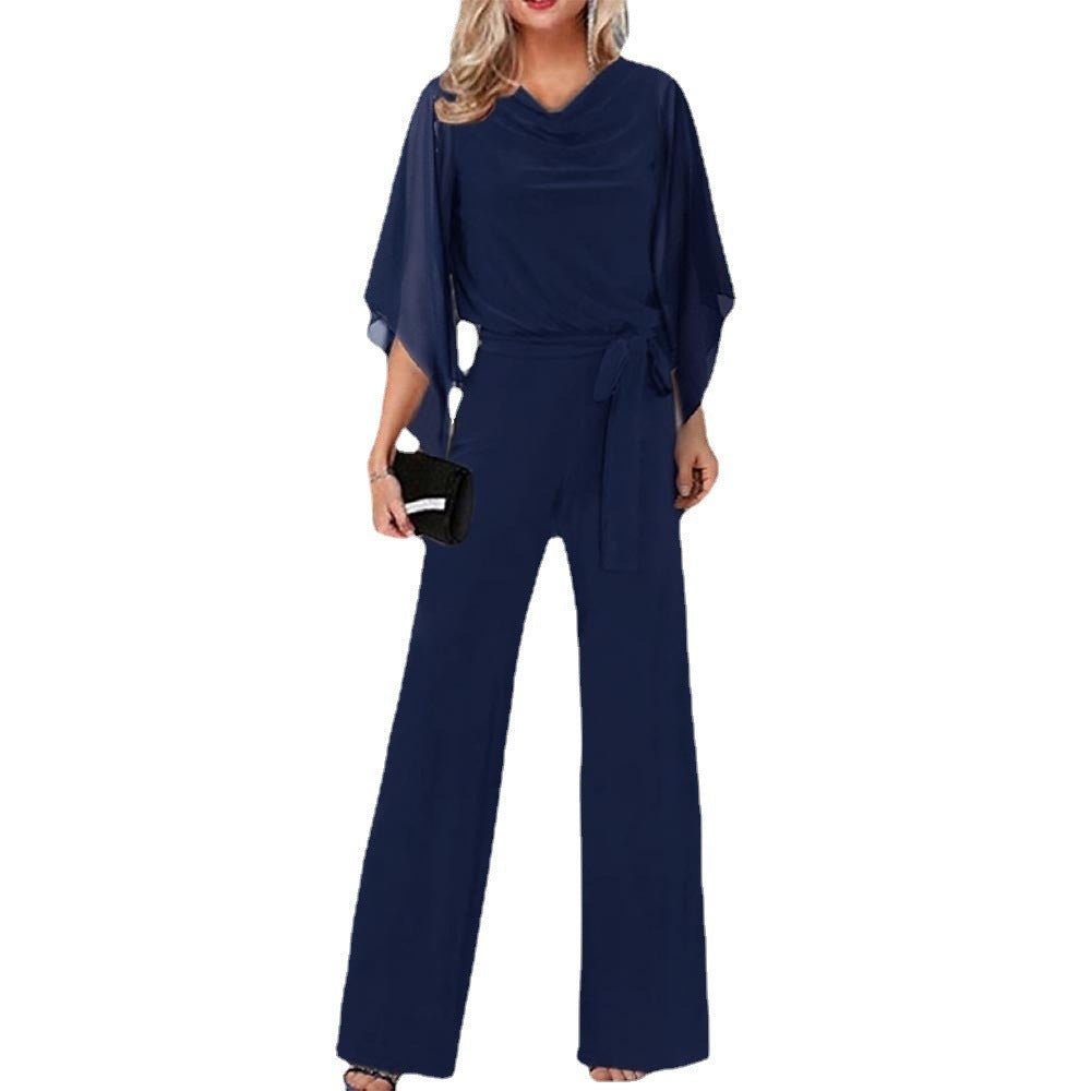 Women's Elegant Jumpsuit | Draped Cape Sleeves Wide Leg Back