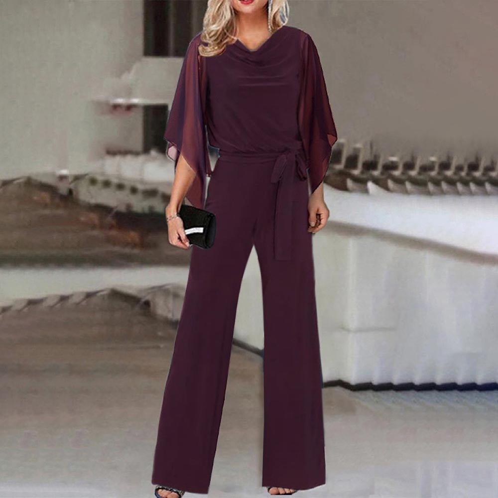 Women's Elegant Jumpsuit | Draped Cape Sleeves Wide Leg Close Up