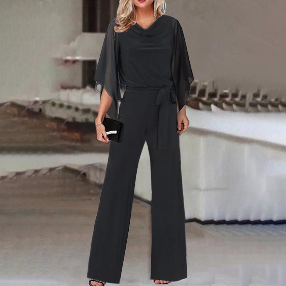 Women's Elegant Jumpsuit | Draped Cape Sleeves Wide Leg Side