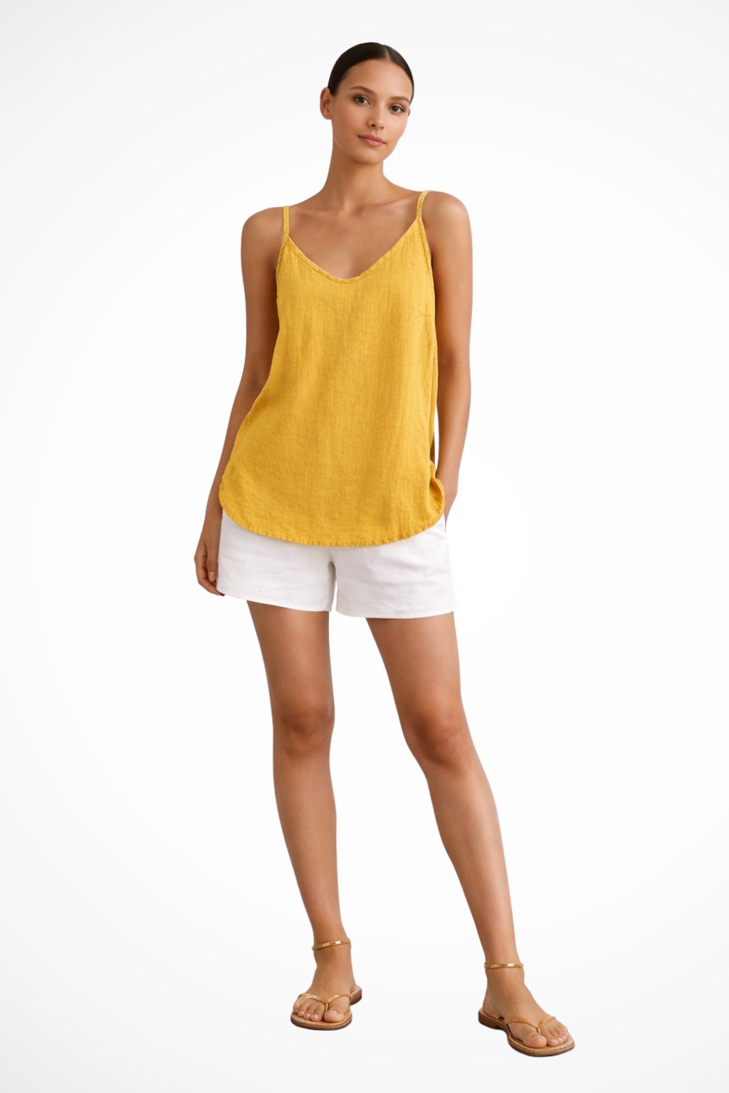 Women's Spaghetti Strap Linen Top | Raw Hem Relaxed Fit Detail